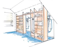 a drawing of a walk in closet with shelves and hanging items on the wall,