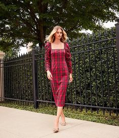 Antonio Melani Elena Plaid Square Neck Long Ruched Sleeve Dress | Dillard's Fitted Midi Dress With Ruched Bodice For Fall, Fall Square Neck Ruched Dress, Fitted Midi Dress With Gathered Sleeves For Fall, Fall Fitted Midi Dress With Gathered Sleeves, Ruched Sleeve, Career Woman, Red Tartan, Holiday Style, Antonio Melani