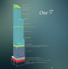 a tall building with different colored lines on it's side and the words one seven below