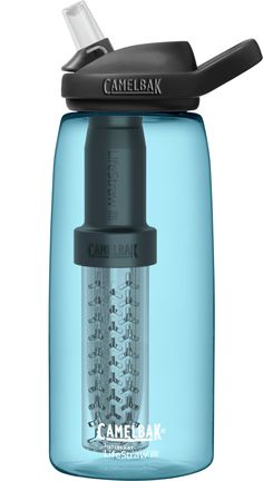 the camelbak water bottle has a black lid and is blue with white writing on it