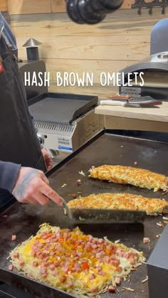 two pizzas being cooked on top of an oven with the words hash brown omelets above them