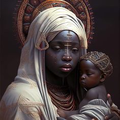 a painting of a woman holding a baby in her arms and wearing an elaborate headdress