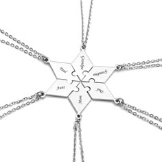 PRICES MAY VARY. 6 pieces Hexagram matching pendant necklaces Each piece can engrave 15 characters most Share a piece of the puzzle, the best gift for each of your closest persons High quality Stainless Steel material, Durable, Fadeless and Polished For Friends, BFF, families, club members, team or other groups 

Made of High Quality Stainless Steel;Soft,Hypoallergenic, Lead-free, Nickel-free. 
Stainless steel has increasingly grown as a popular metal choice for jewelry; 
it is much thicker than Puzzle Piece Necklace, Bff Jewelry, Dainty Diamond Necklace, Friend Jewelry, Bff Necklaces, Sister Necklace, Best Friend Jewelry, Best Friend Necklaces, Friendship Jewelry