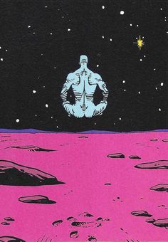 an illustration of a man sitting on the surface of the moon with stars in the background