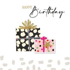 a happy birthday card with presents on it