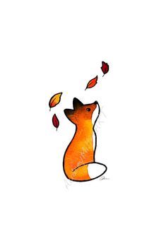 a drawing of a fox with leaves falling from it's back and its tail in the air