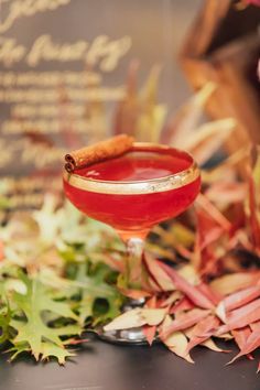 a glass filled with red liquid next to leaves