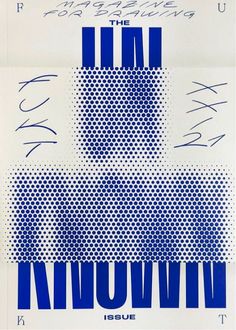 an abstract blue and white poster with the words in it