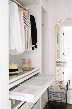 the closet is organized with shoes, clothing and other things to wear in order for someone's wardrobe