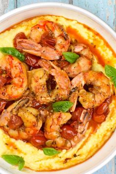 This easy Shrimp and Polenta is gourmet restaurant quality, but whips up in about 30 minutes. Great for weeknight dinners, or impressing guests. Shrimp And Polenta Recipes, Polenta Shrimp, Pizza Seafood, Vegetables Pizza, Seafood Salads, Shrimp Sauce