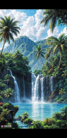 a painting of a waterfall surrounded by palm trees