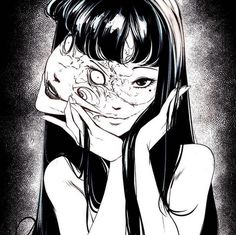 a drawing of a girl with long black hair holding her hand to her face and looking at the camera