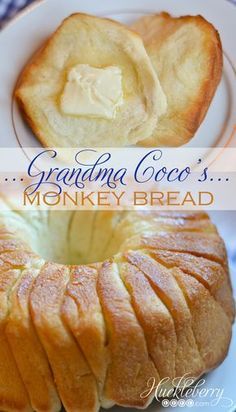 a close up of a bundt cake on a plate with the words grandma coco's monkey bread