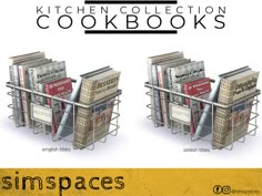 the kitchen collection cookbooks are on display in metal racks with different designs and sizes