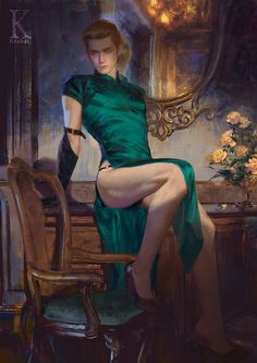 a painting of a woman in a green dress sitting on a chair