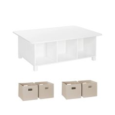 white storage unit with three bins and two boxes on the bottom, all in different sizes