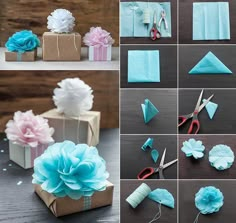 the instructions for how to make tissue paper flowers and gift boxes with scissors, yarn, and twine