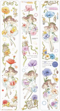 three different images of flowers and fairy characters