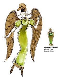 a drawing of a woman in a green dress with an angel wings on her head