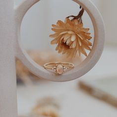 a close up of a ring with a flower in the middle and a reflection behind it