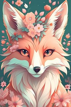 a painting of a fox with flowers on its head