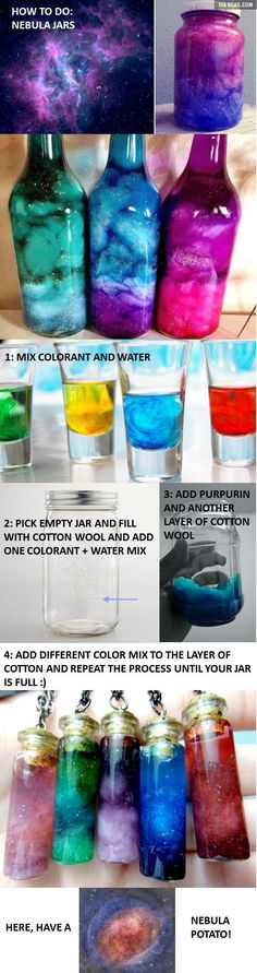 the instructions for how to make an galaxy - themed jar with colored liquid in it