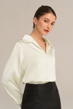 Experience the epitome of elegance with our Satin Blouse. Combining a loose fit with a smooth and comfortable fabric, this blouse is designed to make you feel effortlessly stylish. With long sleeves, a flattering V-neck, and a lapel collar, this piece exudes timeless charm. Material : 95%Polyester+5%Elastane.Elasticity : Low Stretchy.Sku : CL2156A23Package : 1*TopsCare instructions: Max wash temp: 30℃, No bleach, No tumble dry, Iron max 110℃, Wash dark colors separately, No PU ironing. Kimono Blouse, Bodycon Floral Dress, Comfy Tops, Satin Blouse, Loose Blouse, Long Sleeve Midi Dress, Satin Silk, Blouse Dress, Lapel Collar