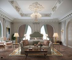 a large living room with couches, chairs and chandeliers on the ceiling