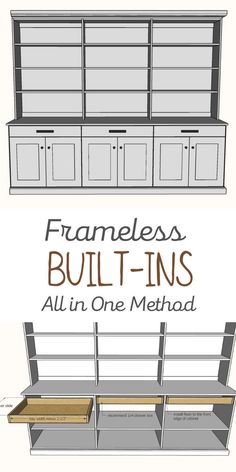 some shelves and drawers with the words frameless built - ins all in one method