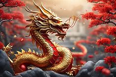 a golden dragon sitting on top of a rock next to red flowers and trees in the background