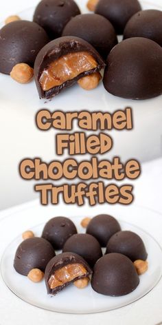 caramel filled chocolate truffles on a white plate with the title above it