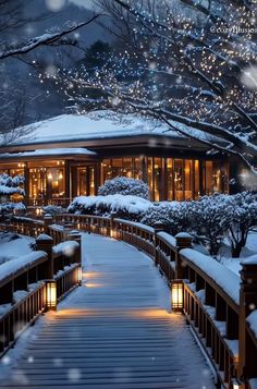 a snowy walkway leading to a building with lights on it and trees in the background