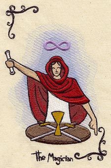 the magician tarot card with an image of a person holding a wand and pointing at it