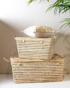 two wicker baskets stacked on top of each other next to a potted plant