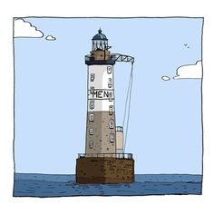 a drawing of a lighthouse in the ocean