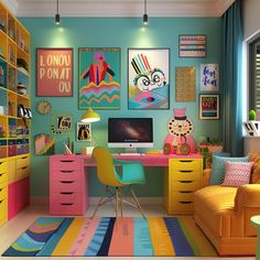 Insightful Images of Small Scale Industries: Work From Home Home Room Classroom, Bold Color Office, Bright Colored Office Space, Bright Color Office Decor, Fun Home Office Decor, Maximalist Craft Room, Home Office Maximalist, Colorful Boho Office, Colourful Office Interior