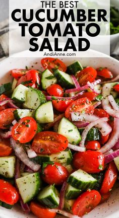 the best cucumber tomato salad in a white bowl