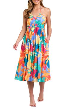 A vibrant tropical print elevates an airy dress featuring side-seam pockets perfect for seaside souvenirs. Ties at neck Halter neck Side-seam pockets 100% viscose Hand wash, line dry Imported Airy Dress, Mid Calf Dresses, Toned Arms, Halter Midi Dress, Flowy Skirt, Tropical Garden, Casual Summer Dresses, Cover Up Dress, Organic Shapes