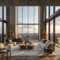 a living room filled with lots of furniture and large windows overlooking the cityscape