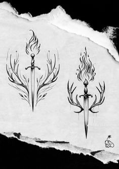 three different types of tattoos on paper with ink splots and flames coming out of them