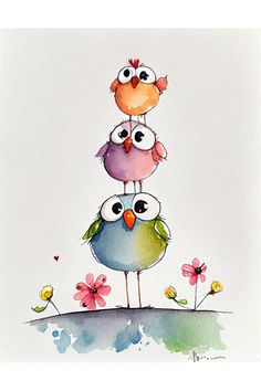 three little birds sitting on top of each other in front of flowers and watercolor