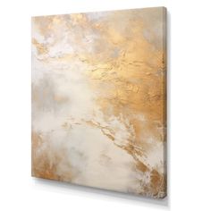 an abstract painting with gold and white colors on the canvas, hanging on a wall