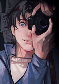 a man holding a camera up to his face and looking into the distance with blue eyes