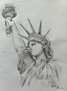 a drawing of the statue of liberty holding a torch in one hand and an american flag on