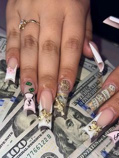 Money Charm Nails, Money Nail Set, Money Set Nails, Dollar Sign Nails, Money Sign Nails, Money Nails Designs Ideas