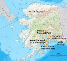 a map showing the location of several national parks in alaska and other parts of the united states