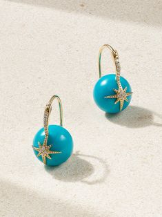 Sydney Evan's earrings are illuminated by diamond-encrusted 'Starburst' motifs, affixed to smooth turquoise beads. Made from 14-karat gold, they're an elegant choice for both day and night. Turquoise And Gold Earrings, Turquoise Diamond Earrings, Statement Gold Earrings, Lapis Jewelry, Flat Dress Shoes, Gold Statement Earrings, Sydney Evan, Post Modern, Watch Gifts