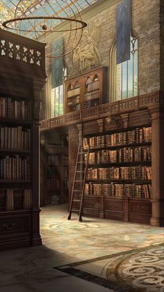 an old library with bookshelves and a clock on the wall next to it