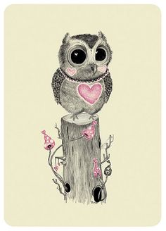 an owl sitting on top of a tree stump with a pink heart in its eyes