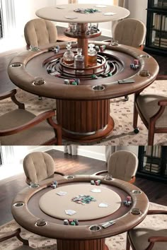 the table is made out of wood and has several chairs around it, including one with poker chips on top